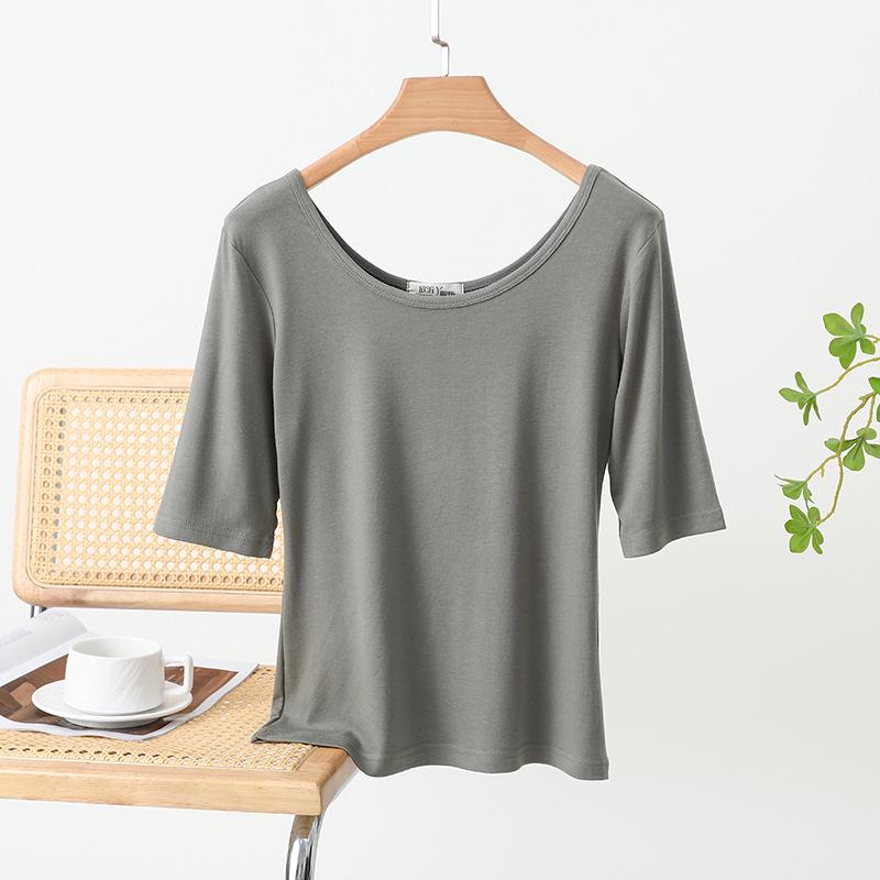 

Женская летняя футболка с U-образным вырезом, однотонная - с рукавом пять четвертей, удобная, облегающая, приятный к коже базовый слой XXL for 120-160 lbs серый/зелёный