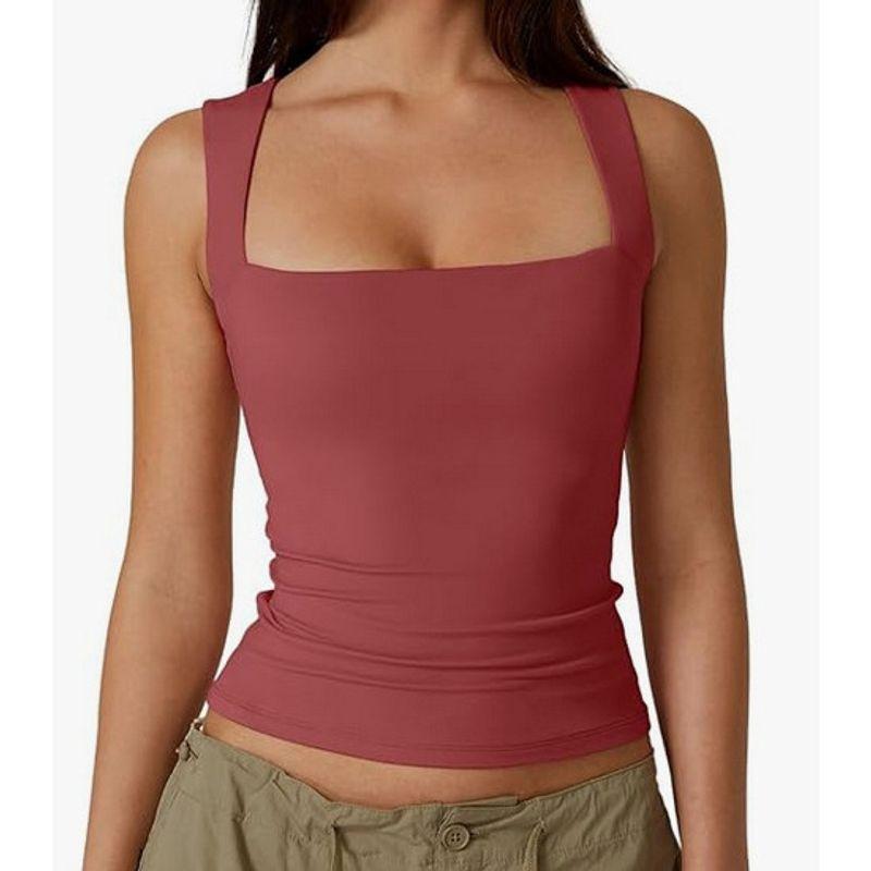 Solid Color Square Neck Sleeveless Top Solid Color Square Collar Slim Fit Sleeveless Top Female