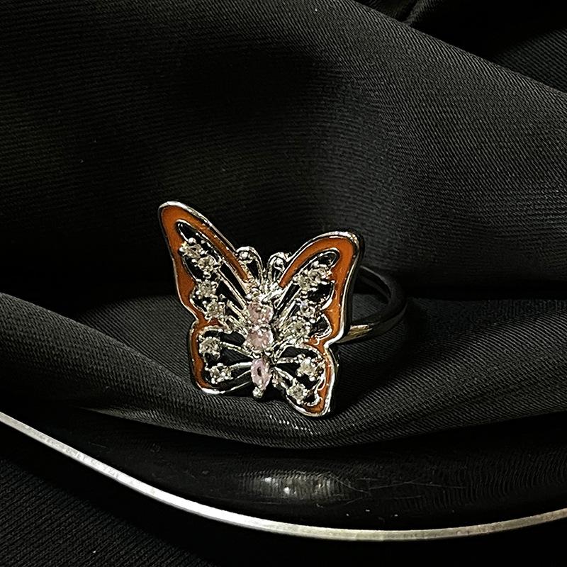 High-End Light Luxury Butterfly Drop Glaze Niche Open Ring Female Cold Wind Temperament Spice Girl Fashion Index Finger Ring