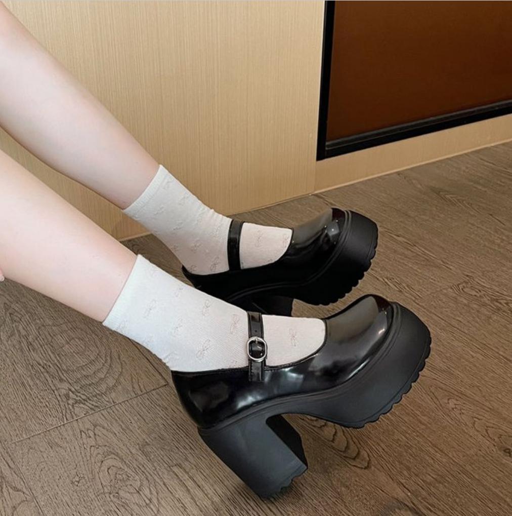 Klobige Plateau-High Heels Pumps Damen Frühling 2025 PU-Leder Knöchelriemen Mary Jane Schuhe Frau Dicke Ferse Weiß Lolita Schuh