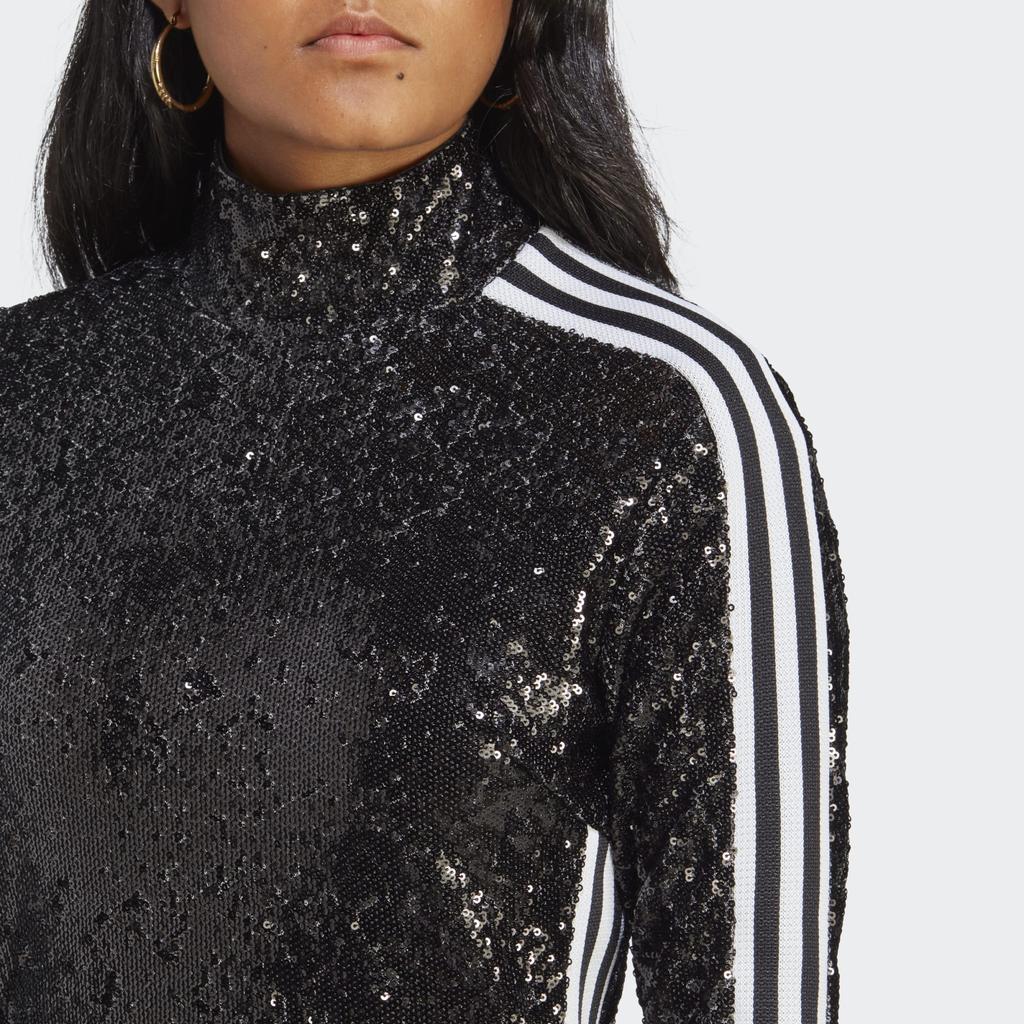 Adidas Originals Blue Version Series Sequin Trim Irregular Hem High Neck Long Sleeve Dress Women Dresses Black HR3413