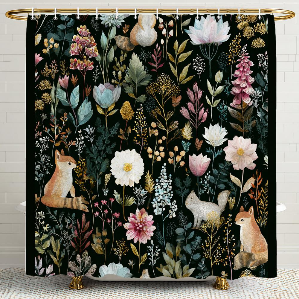 Flowers and plants cat pattern Shower Curtain, Bathroom Decorative Shower Curtain, Waterproof Shower Curtain with Hooks