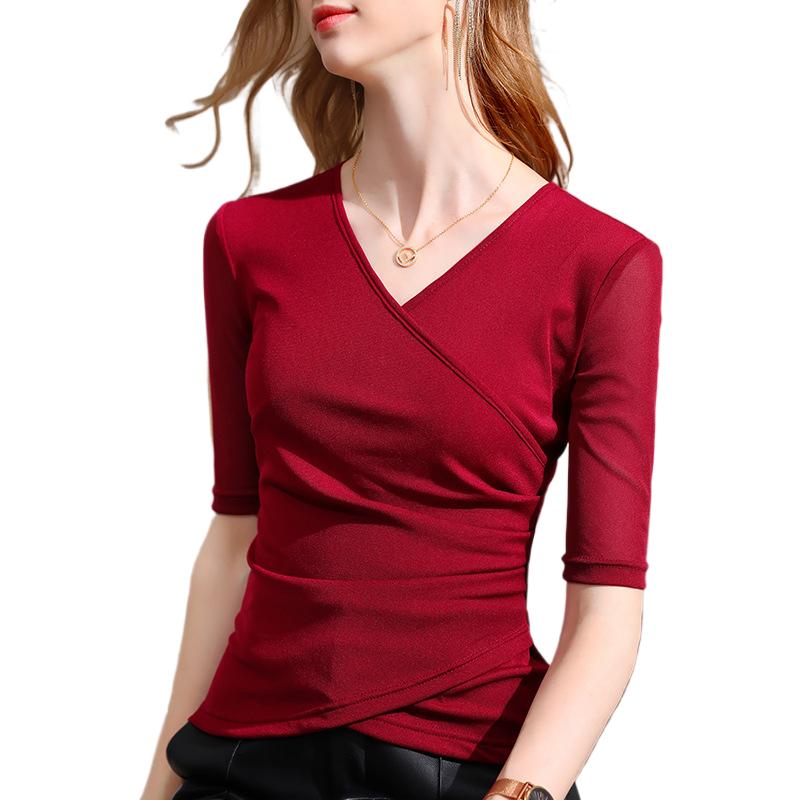 

Нижняя рубашка женская весенняя женская с рукавом Футболка темперамент с коротким рукавом 3XL красный