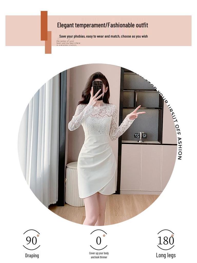 Elegant Lace Patchwork Semi-High Neck Dress: Waist-Cinching, Hip-Hugging Short Skirt