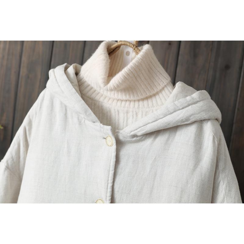 2025 Fall/Winter Plus Size Cotton Linen Hooded Mid-Length Coat - Thick Warm Artistic Outerwear