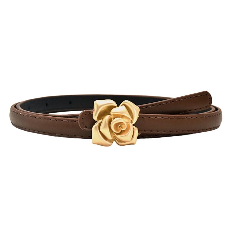 Rose Button Leather Belt For Women Adjustable Thin Waistband Jeans And Trousers