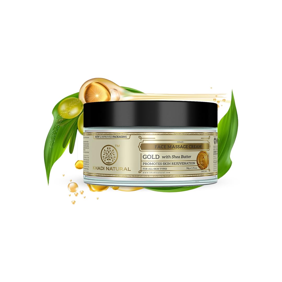 Khadi Natural Gold Herbal Facial Massage Cream 50 g With Shea Butter For Nourishing Glow And Home Facial Care