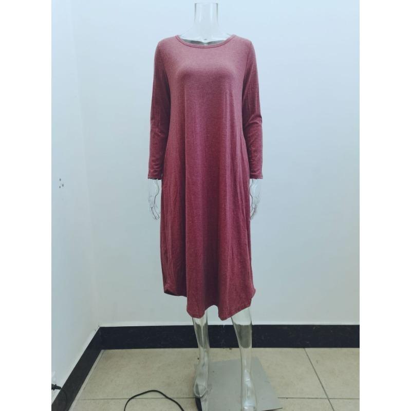 Herbst Damen Übergröße Einfarbig Lässig Langarm Kleid Gebogener Saum Lockeres Kleid