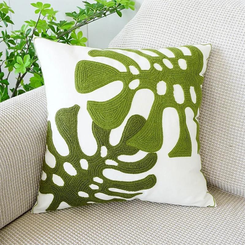 45x45cm Nordic Green Plants Embroidered Pillow Cover Pillowcases Leaf Cushion Cover Decorative for Sofa Bedroom Home Decor