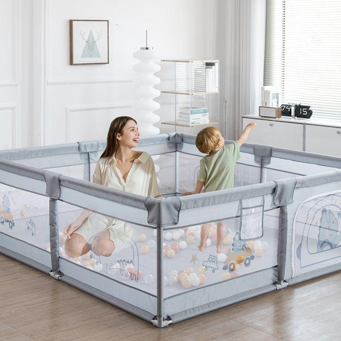 Parc Bébé Avec 60 boules-Avec Tapis-2 Anneaux De Traction-Portable Centre D'activités Pour Enfants-180x200x65cm-Gris