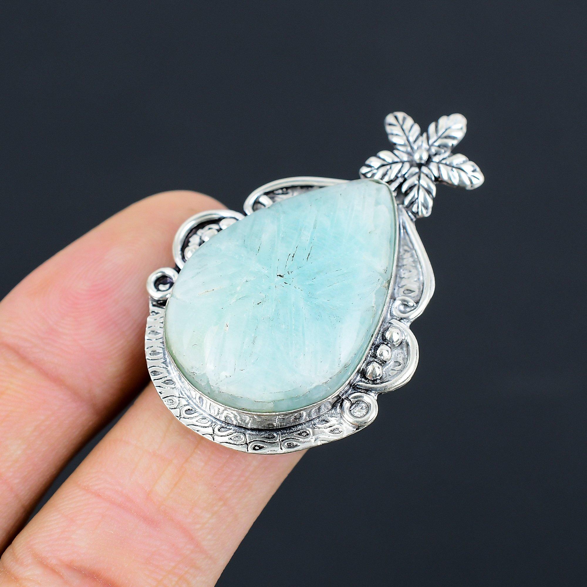 

Sterling Silver Pear Carved Amazonite Stone Elegant Flower Statement Ring US 7.5 7.5