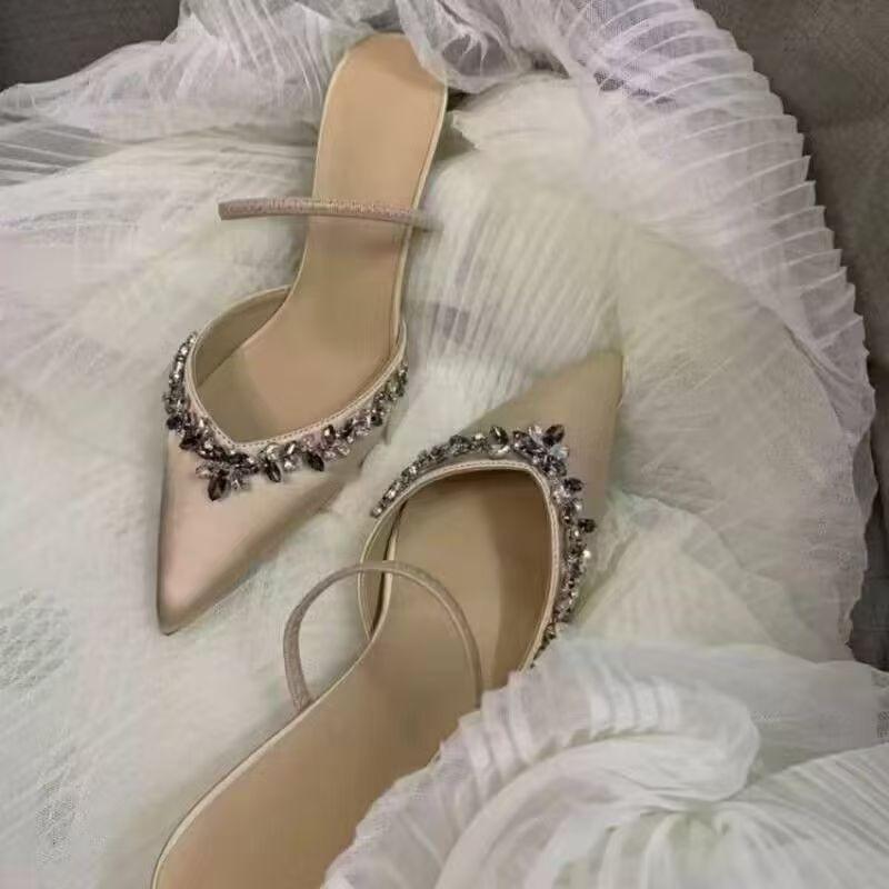 Fashion 2025 Summer Modern Women's Closed Toe Slippers Sexy Crystal Pointed Toe Thin Heels Elegant Fashion Dress & Party Sandal Zapatos
