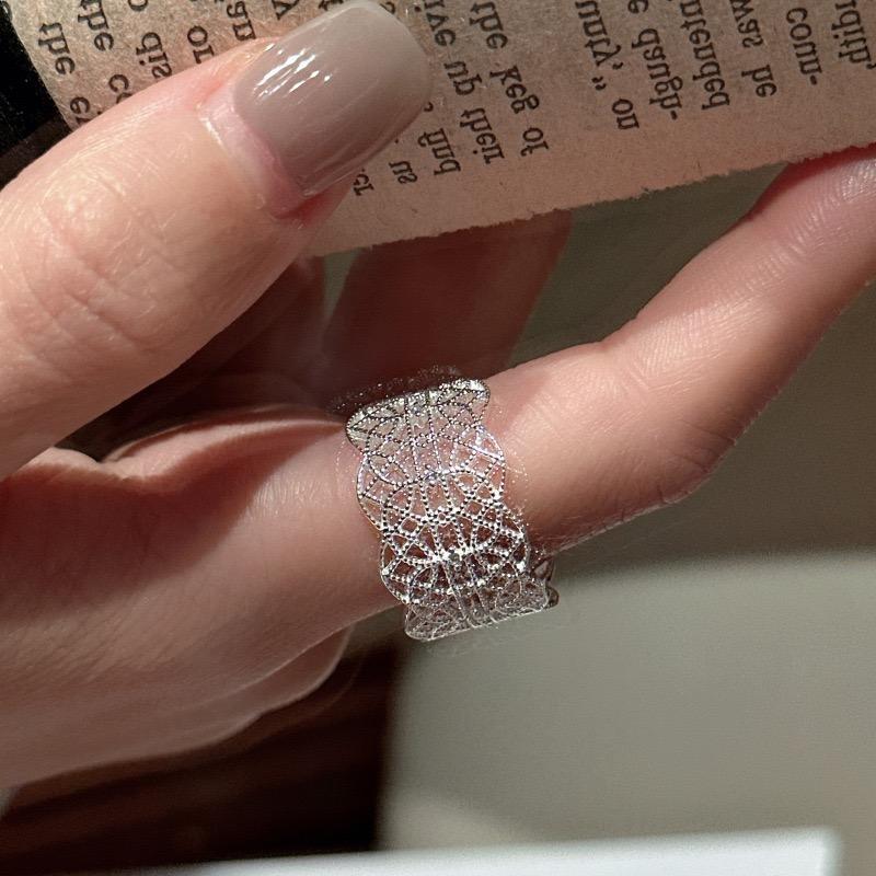 Xiaomi 925 Sterling Silver Rings For Women Geometric Fine Jewelry Finger Adjustable Wide Hollow Lace Ring For Party Birthday Gift
