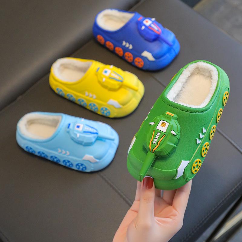 Children's Cute Cartoon Tank Rocket Velvet Warm Winter Slippers