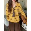Womens Yellow Striped Polo Neck Sweater Loose Fit Long Sleeve Knit Top Fall Winter