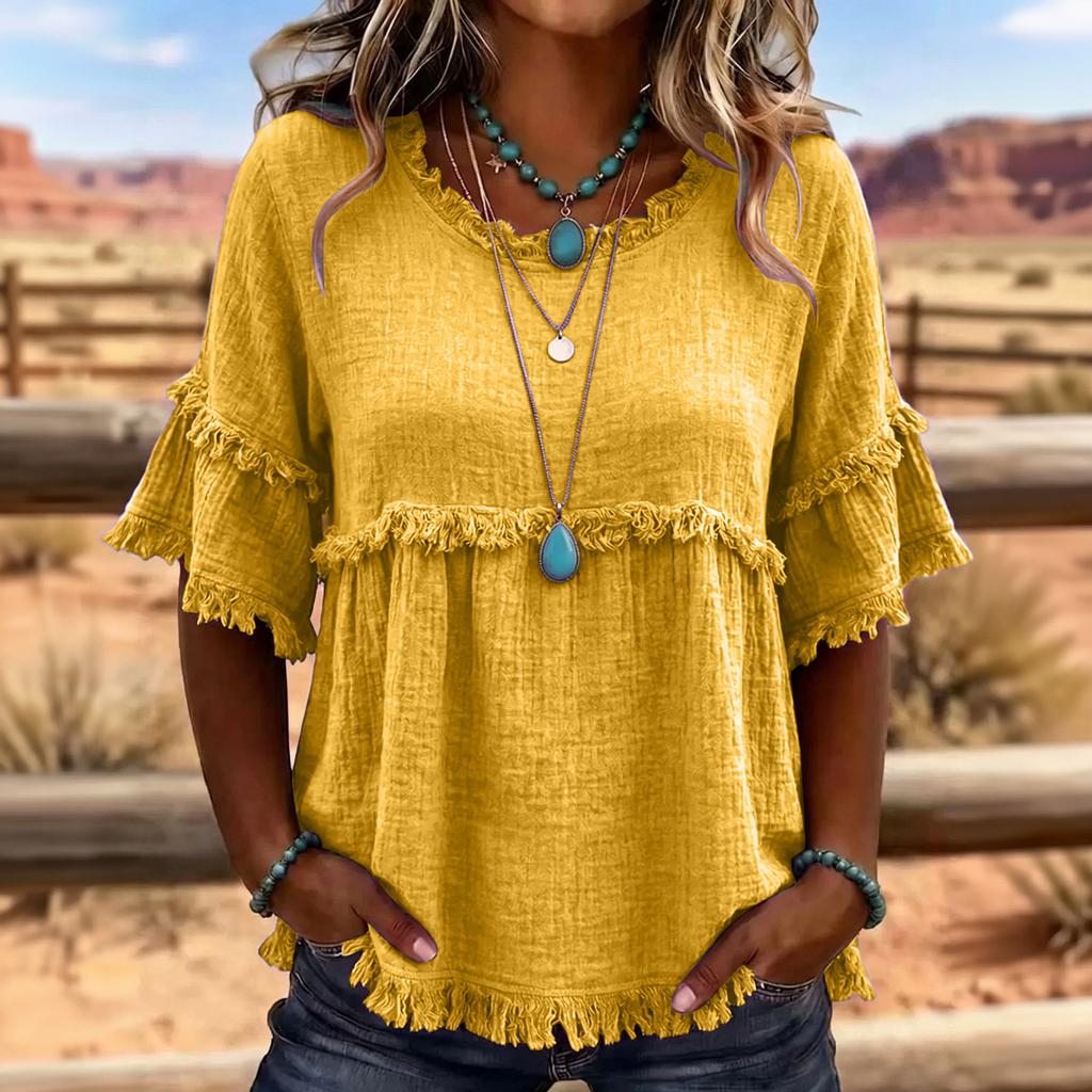 Women’s Vintage Crew Neck Short Sleeve Blouse Relaxed Fit Casual Top Linen Pullover Shirt