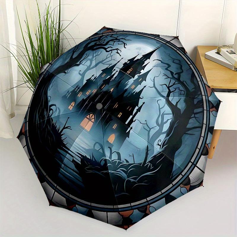1pc Haunted Castle Stained GlassUmbrella with Plastic Handle,Suitable for All Seasons Home Travel Outdoor UmbrellaB1569