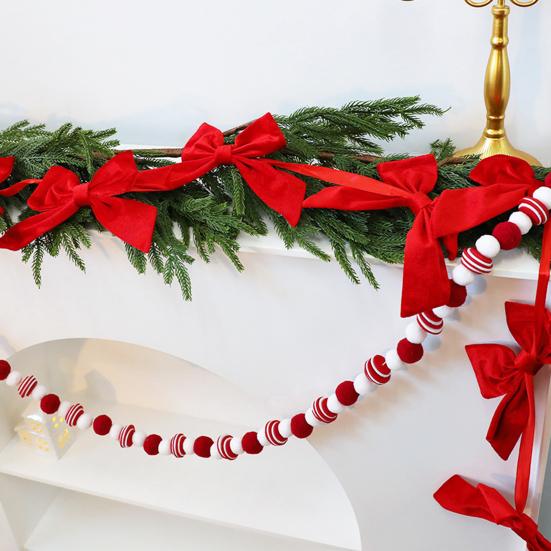 Christmas Velvet Bow Garland Decoration Pre-Strung Red White Ball Ornament Home Office Bedroom Xmas Tree Mantel Fireplace Shelf Indoor Holiday Decor