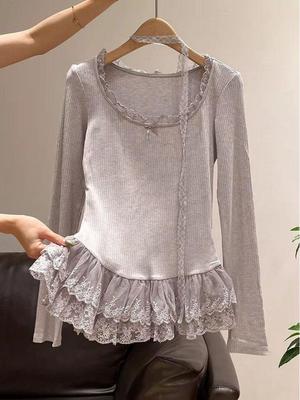 Haut ajusté pour femme à manches longues avec bordure en dentelle douce style Coréen - Style Automne/Hiver