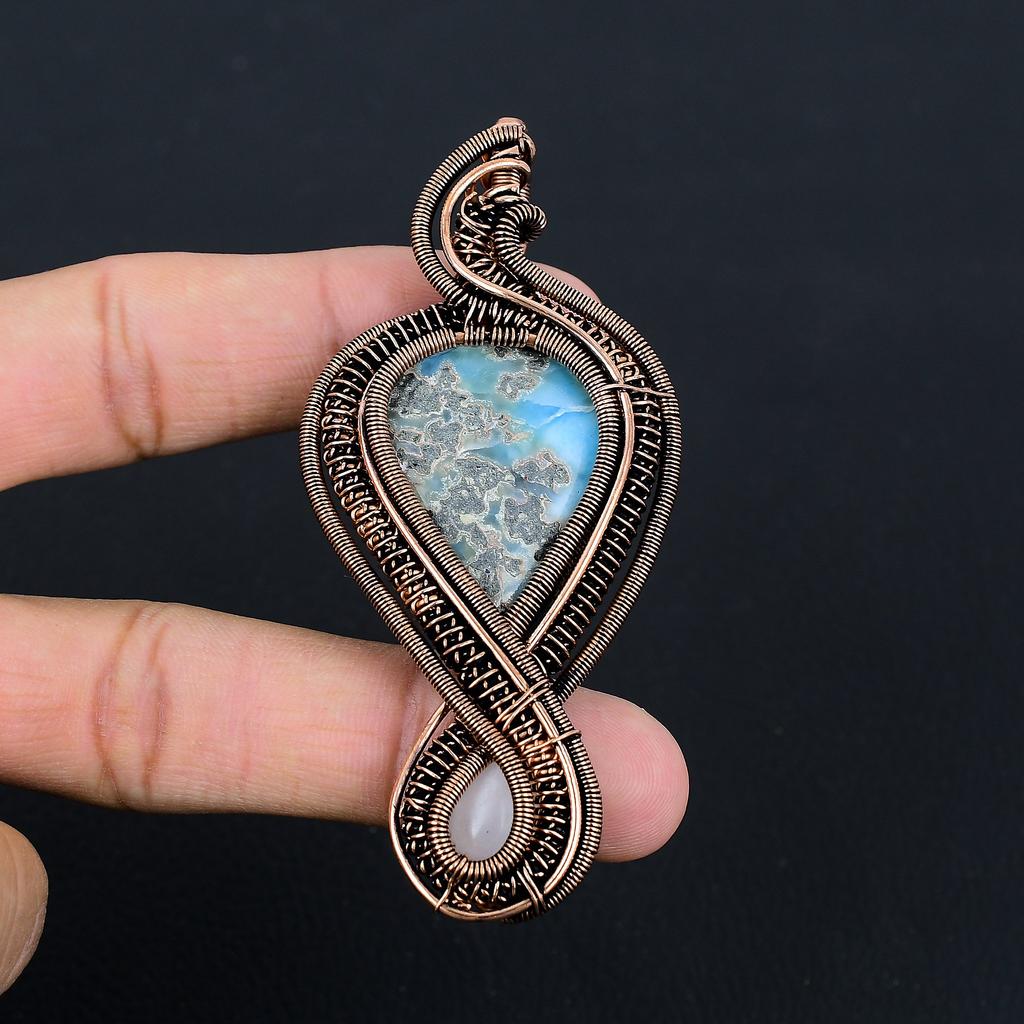 Natürlicher Karibischer Larimar, Rosenquarz Stein Kupferdraht Wickel Anhänger 3.54 v1q58