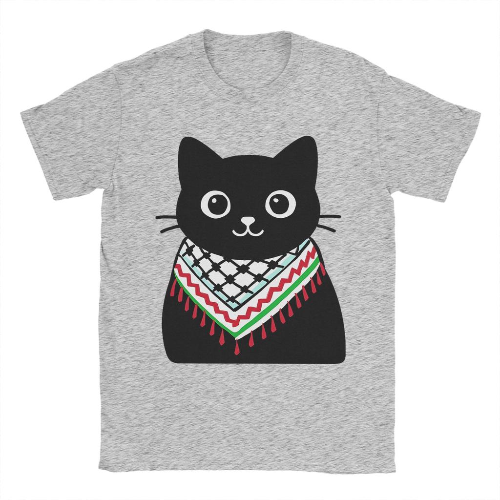 Palestine Cat Wearing the keffiyeh T Shirts for Men Pure Cotton Funny TShirts Round Collar Tees Short Sleeve Clothing Adult
