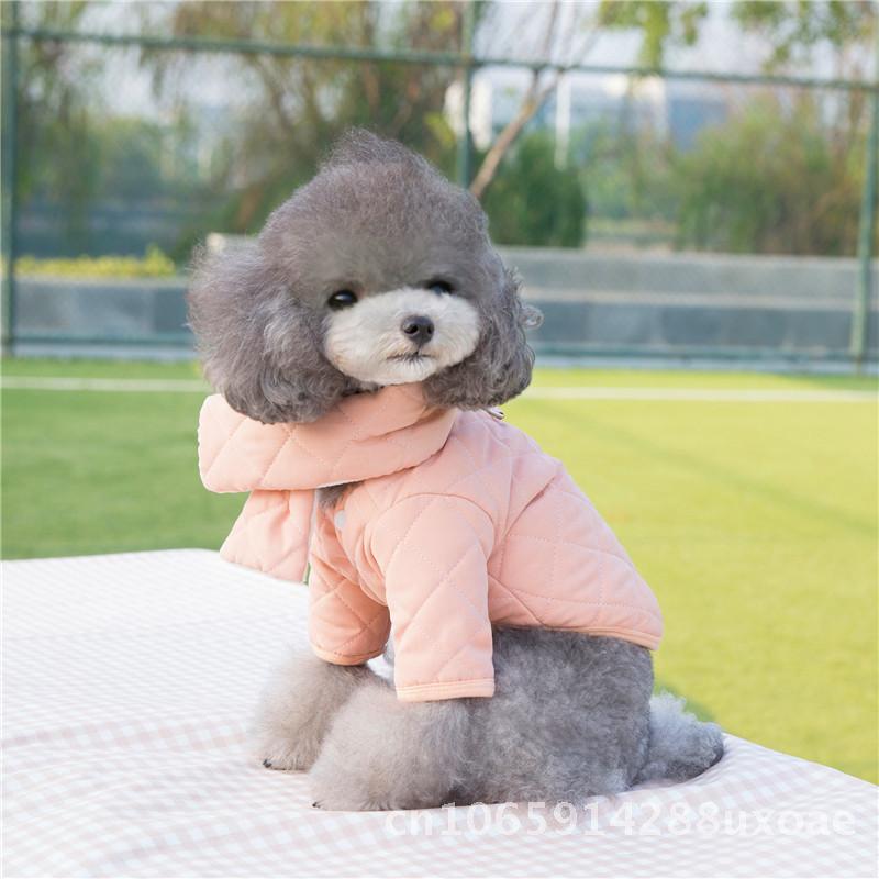 Fashionable Cotton Dog Coat Autumn Winter Diamond Plaid Scarf Pattern Casual Universal Pet Jacket Green Apricot Pink