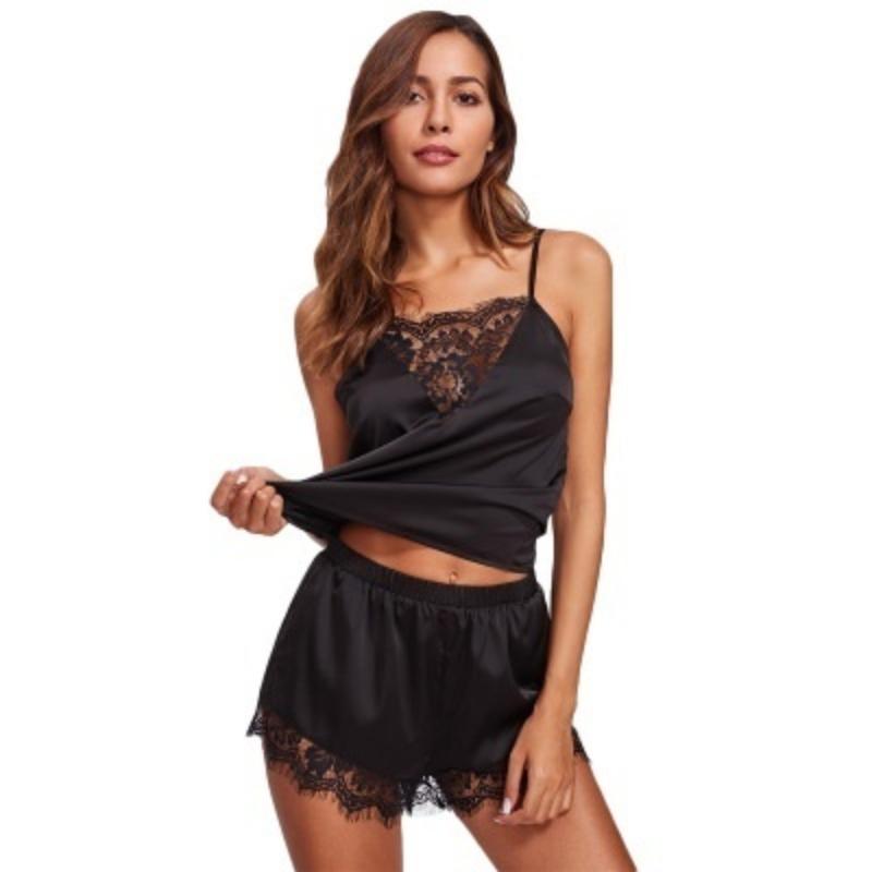 Womens Ice Silk Eyelash Lace Patchwork Pajamas Set Sexy Lingerie Nightwear