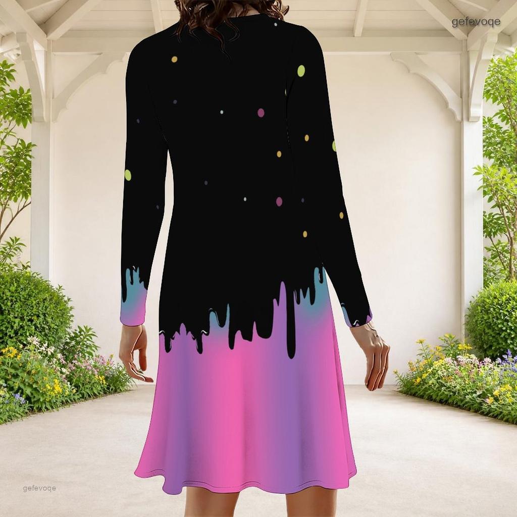Women Plus Size Round Neck Long Sleeve Butterfly Printed Black A Line Dress