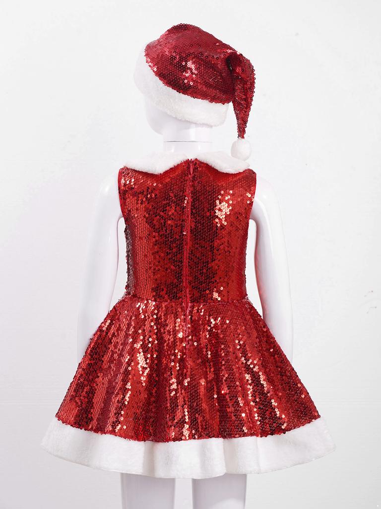 Barn Jenter Julefest Danseforestilling Kostyme Ermeløse paljetter Kjole med hattesett