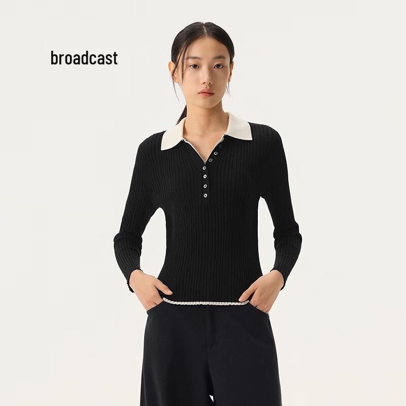 Women's Color-block Polo Neck Wool Sweater