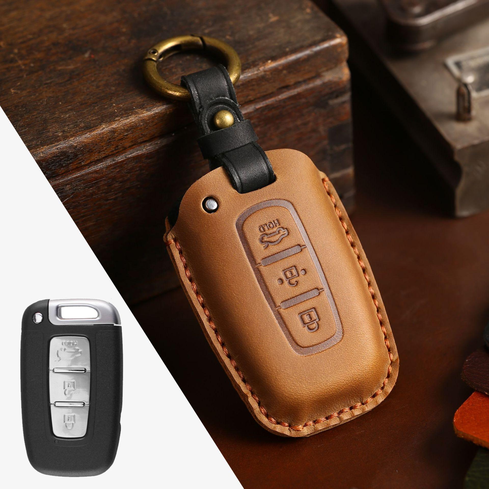 

Popular Crazy Horse Leather Key Cover Suitable for Kia Key Cover Pure Handmade Leather Car Protection Key Cover коричневий