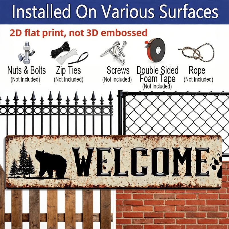 2D Flat, 1pc, 3.94 X 15.74 Inches Aluminum Decorative Sign -Rustic Bear Silhouette Metal Wall Decor - Vintage Cabin Sign with Welcome Bear & Paw