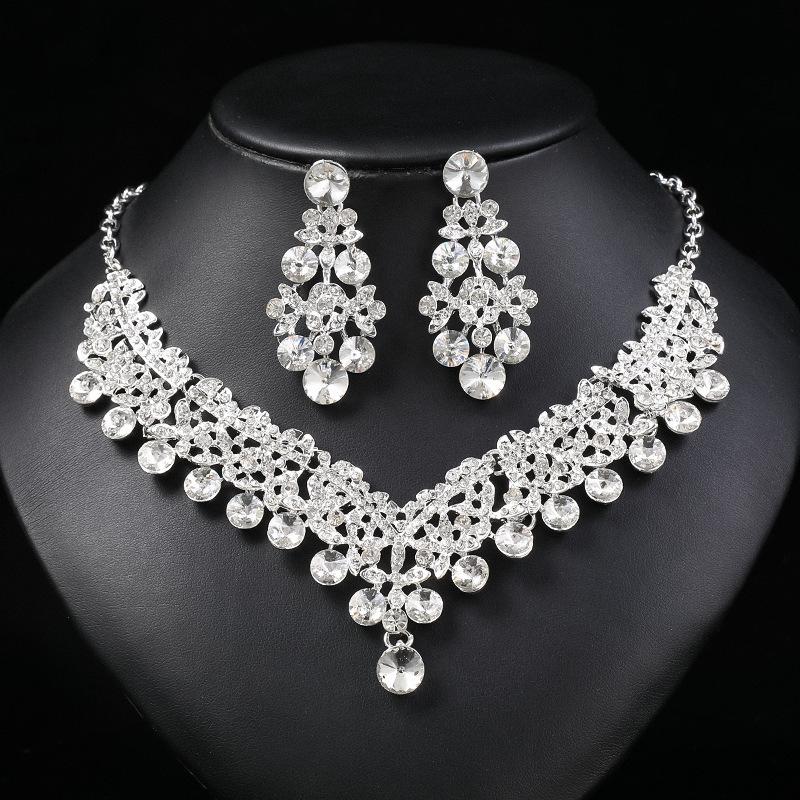 Exquisite Colored Rhinestone Necklace Earrings Set Party Dress Accessories Necklace