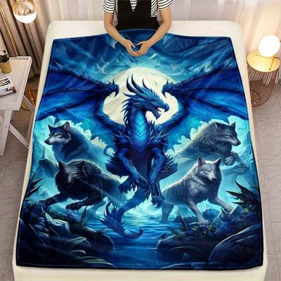 Drachen und Wölfe Szene HD Gedruckte Decke, Weiche und Warme Flanelldecke für Reisen, Camping, Sofa, Wohnzimmer, Couch, Stuhl,