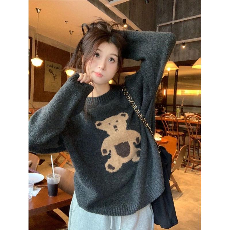 Women's Retro Teddy Bear Knit Sweater – Lazy Style Crew Neck, Long Sleeves, Winter Wear