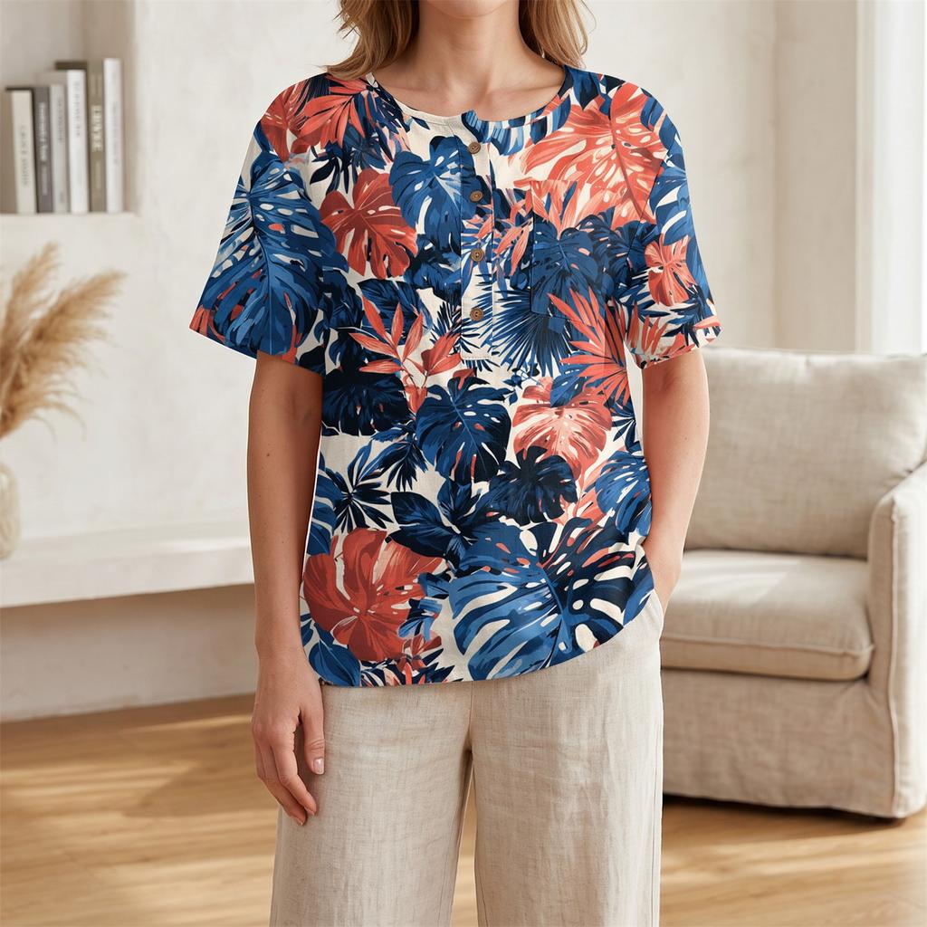 Damen Freizeit Hemd mit Print, Henley-Knopfleiste, kurzen Ärmeln, Baumwoll-Leinen-Mischung und Brusttasche für den Sommerlichen Alltagsgebrauch