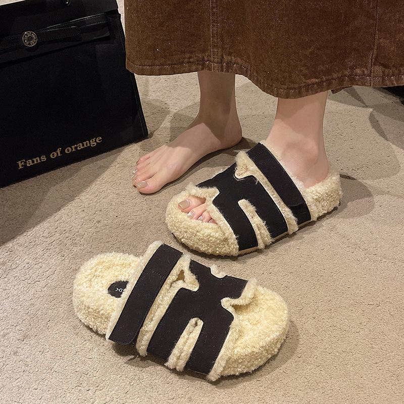 

Super fire thick-soled fluffy slippers women s wear 2025 new autumn and winter fluffy Internet celebrity one-word cotton slippers 35