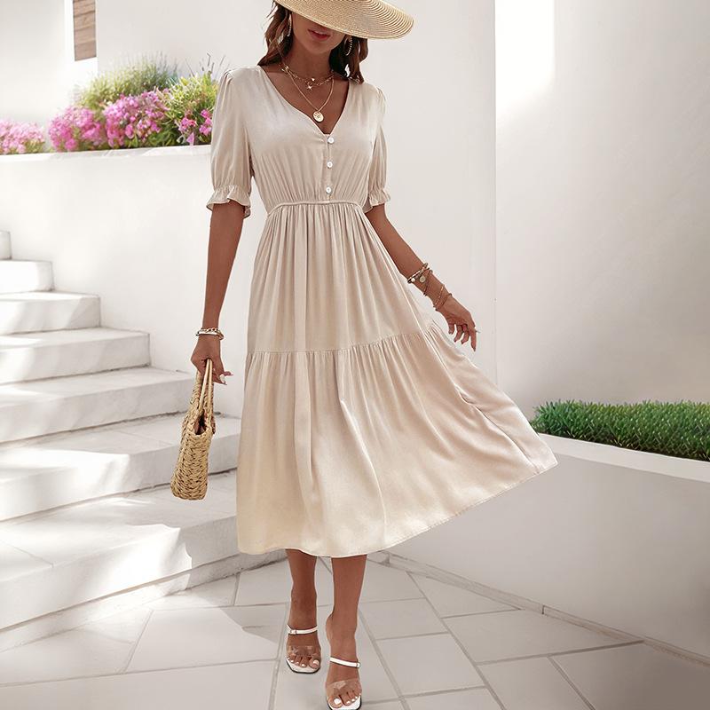 

2025 new simple commuter casual bubble sleeve pleated v-neck solid color dress S абрикосовий