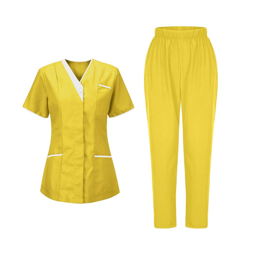 Women's Uniforms Quick Dry Fabrics V-Neck With Pockets Short Sleeves Long Pants Solid Color Workwear Suit