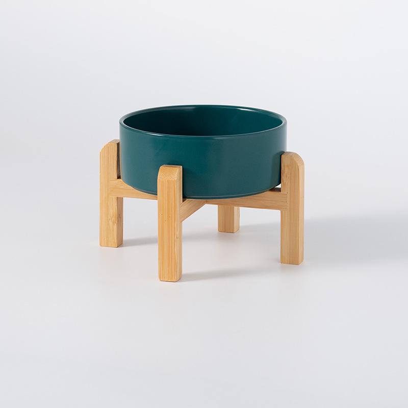 Ceramic Pet Food Bowl with Elevated Bamboo Stand - Anti-Tip Design for Dogs and Cats, Protects Cervical Spine