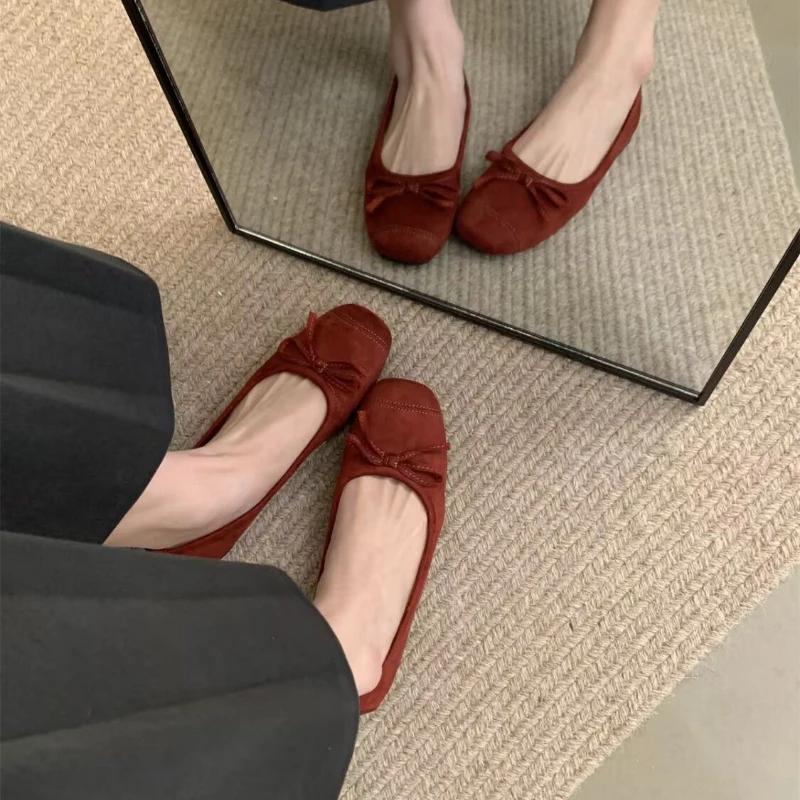 Gothic Mary Jane with Bow Shoes for Women Square Toe Red Japanese Style Lolita Vacation Elegant and Fashionable Shoe Woman Flats