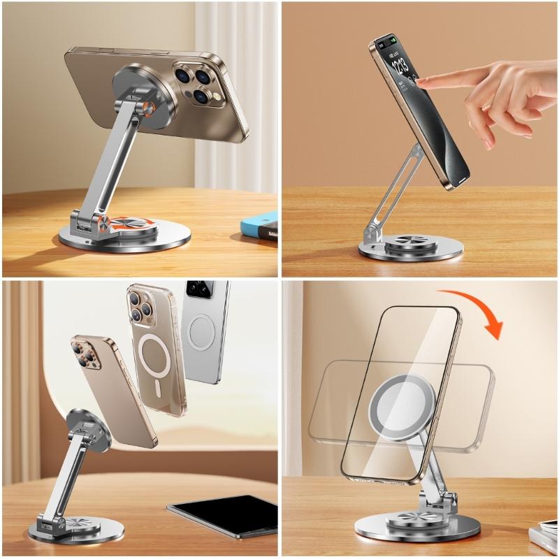 Portable Metal Phone Holder with Strong Magnetic Base 360 Rotate Adjustable Angle Travel Friendly for Mobile Devices