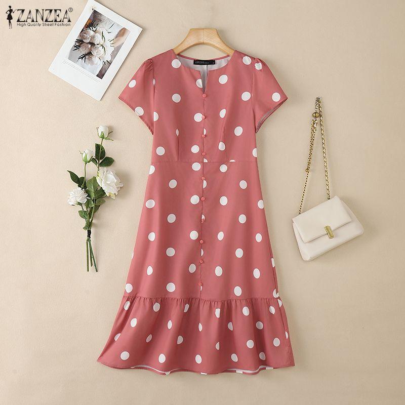 ZANZEA Women Casual V-Neck Short Sleeve Summer Polka Dot Print Dress