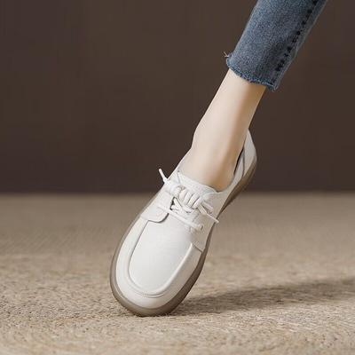 Genuine Leather Beef Tendon Sole White Shoes for Women In Spring New Korean Style Flat Sole Single Shoes Sports and Casual Shoes