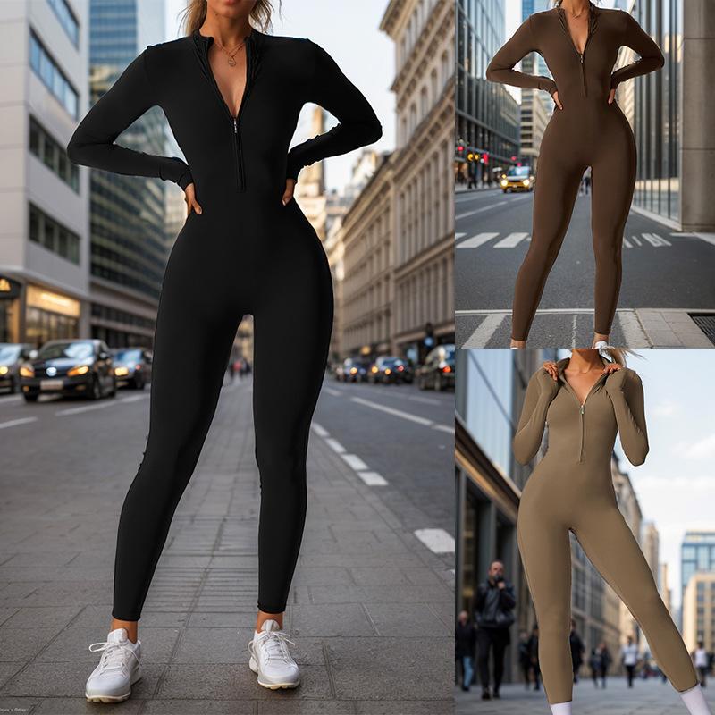 Autumn Winter Long Sleeve Long Zipper Yoga One Piece Suit Integrated Sports Fitness Tight One Piece Clothing Beach Vacation Elegant Casual Wear