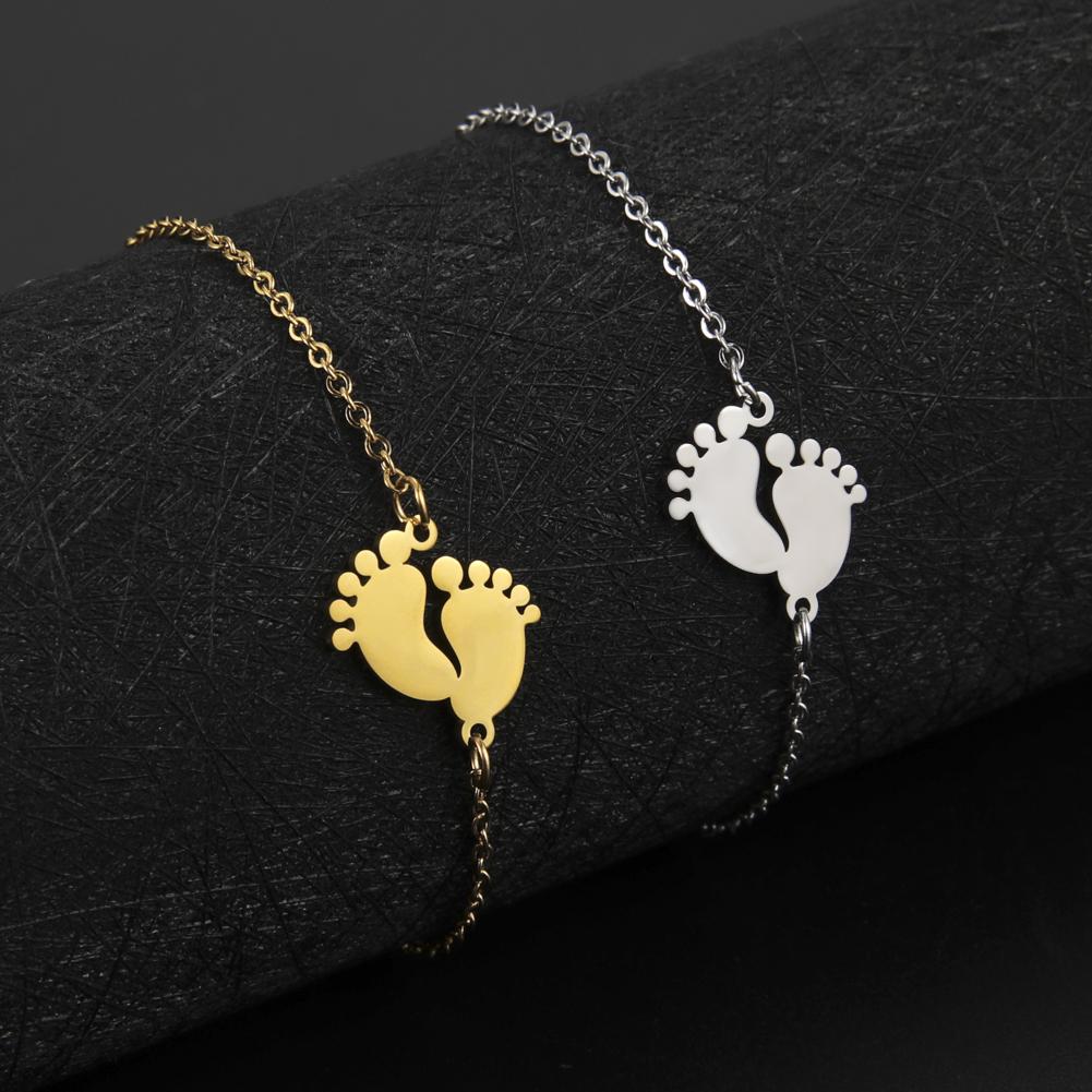 Cute Baby Feet Bracelets Stainless Steel Gold Charm Bracelets on Hand Jewelry Gift for Women Mother Friends