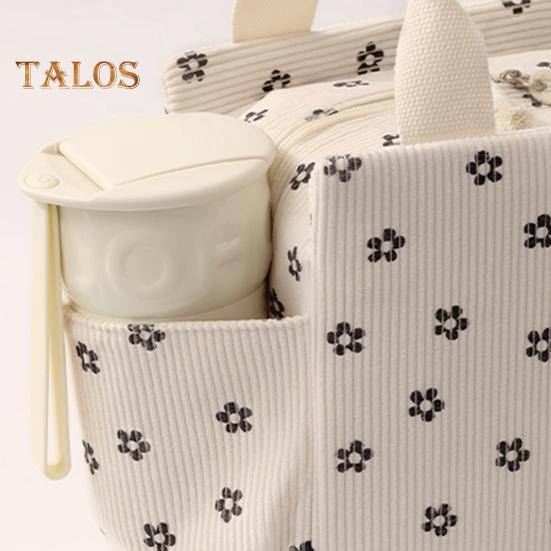 Corduroy Lunch Bag with Handle Waterproof Large Capacity Reusable Insulated Lunch Box Water Bottle Holder with Side Pockets