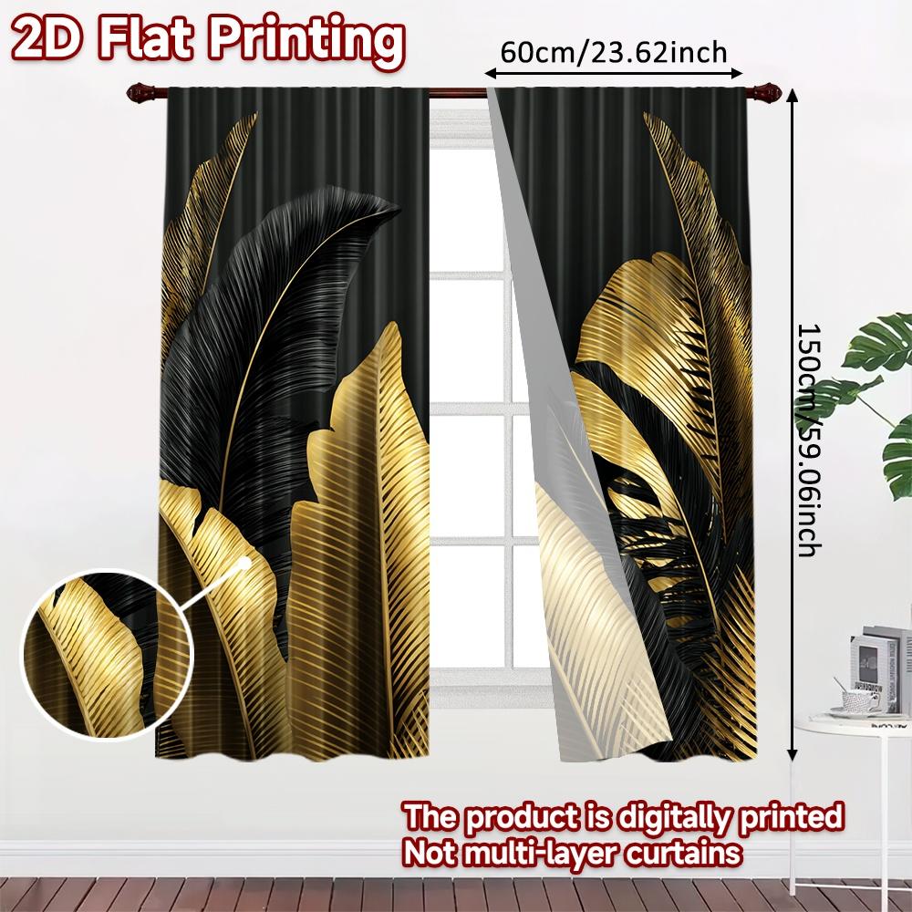 Set Of 2 Minimalist Flat Printing Curtains Without Rod Golden Black Leaves Valentine Is Day Festival Fabric Curtain Polyester
