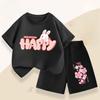 Summer Girls' Casual Set: Cute Rabbit Print Breathable T-shirt + Short-sleeved Pants Fashionable and Comfortable Set