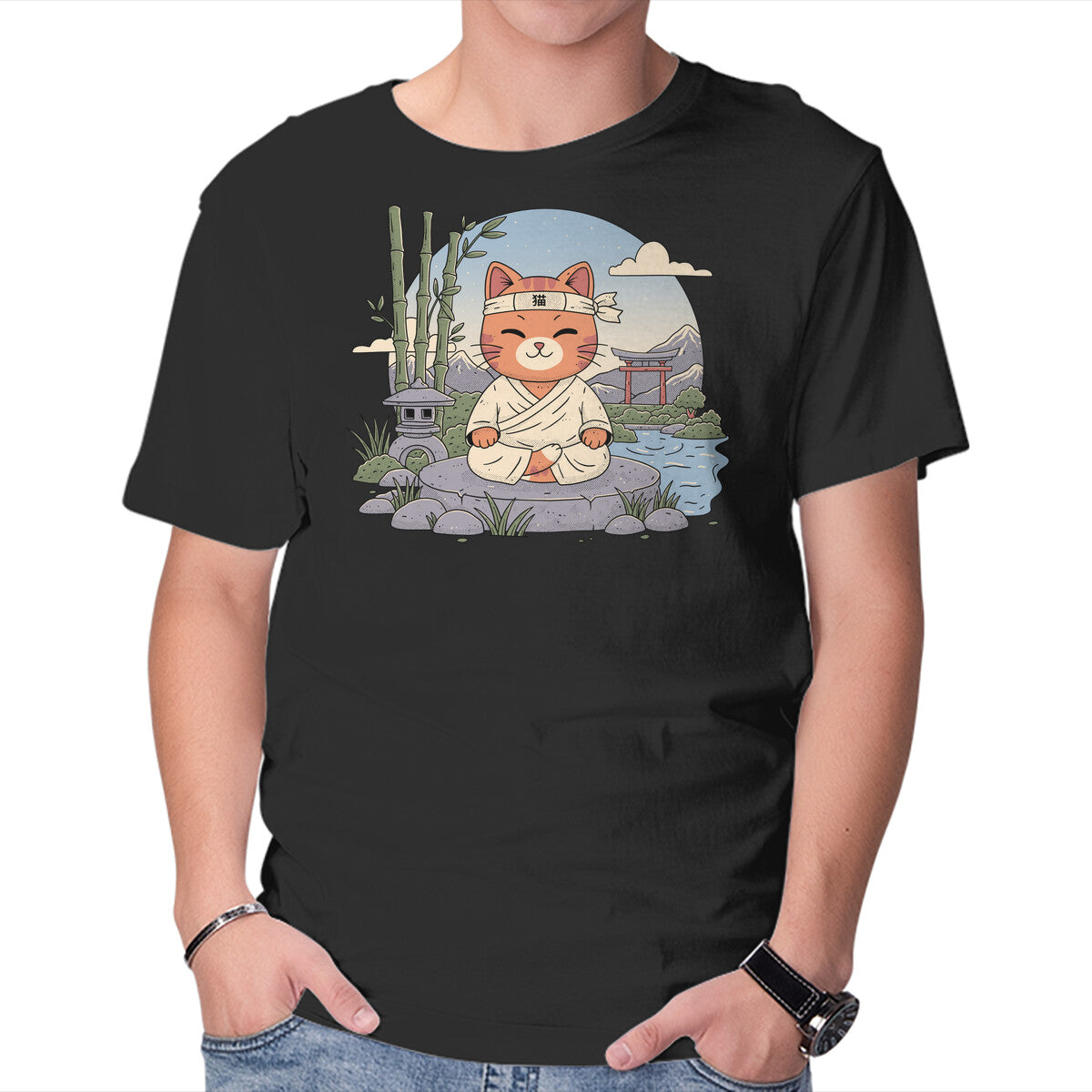Unisex Crew Neck T-Shirt Meditating Cat Graphic Short Sleeve Casual Tee S